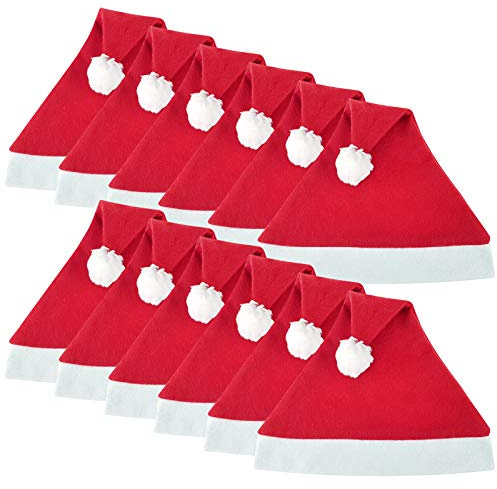 WELLGRO 12 Weihnachtsmützen mit Bommel - 30 x 30 cm (BxH), Einheitsgröße, rot/weiß