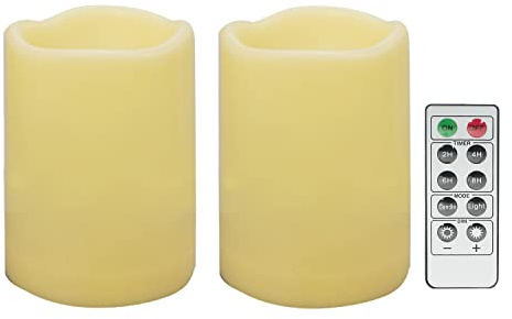 YINCHI Waterproof Outdoor Battery Operated Flameless Candles with Remote Timer Plastic Flickering Fake Electric LED Pillars for Lantern Garden Wedding Christmas Decorations 3x4 Inches 2 PCS
