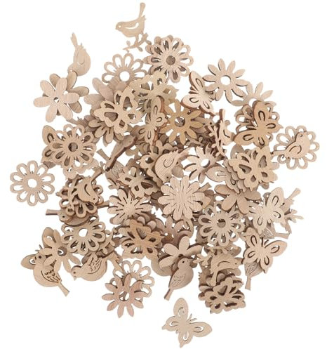 Amosfun 100 StüCk Cartoon HolzstüCke - VielfäLtige Deko FüR Weihnachten Geburtstagsfeiern & Diy-Projekte - Einzigartige Blumen- Und Vogeldesigns Aus NatüRlichem Holz