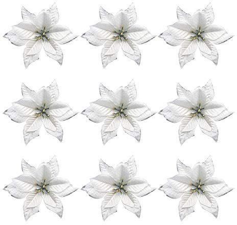 Yuknees Glitter Poinsettia,Glitter Christbaumschmuck,30 Stück Weihnachtsblumen,6 Weihnachtsblumen Künstlich,Weihnachtsbaum Weihnachtskranz,Weihnachten Blumen Deko,Aufhängen Weihnachtsbaum (Silver)
