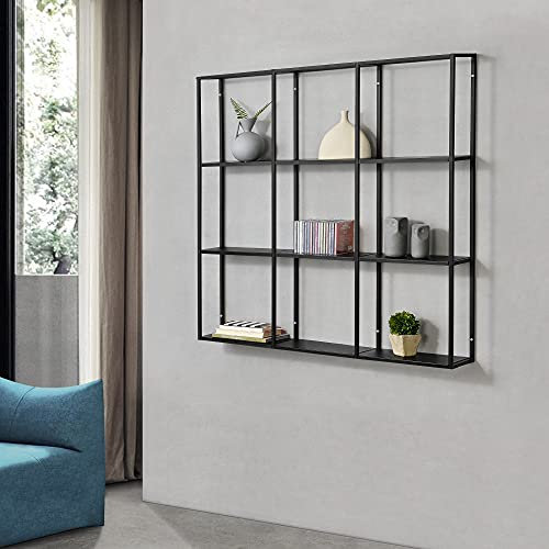 [en.casa] Scaffale da Parete in Ferro con 9 Scomparti Libreria Sospesa Mobile Espositore da Muro Design Industriale con 3 Ripiani 100 x 18 x 110 cm Nero