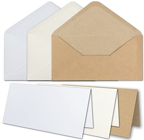 30x Faltkarten Set DIN Lang mit Briefumschlägen in Weiß, Creme und Kraftpapier Braun - Nassklebung, spitze Klappe - für Einladungen und Grußkarten