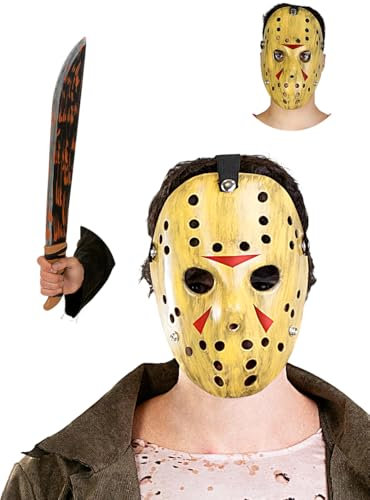 Funidelia Official Jason Machete and Mask Kit - Friday the 13th for Men and Women, Friday the 13th Fancy dress for Adults, Carnival, Halloween and Party Costumes
