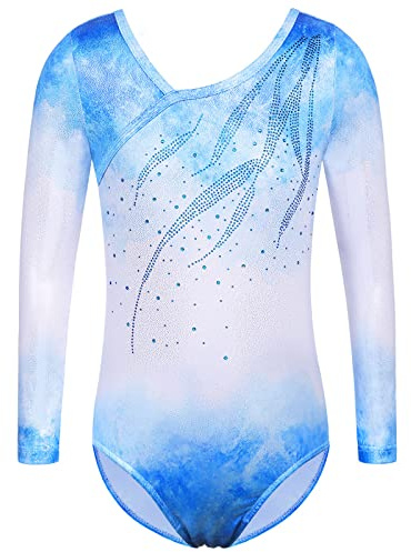 ZNYUNE B270 - Body da ginnastica da ragazza, a maniche lunghe, senza maniche, colorato, luccicante, body da danza sportiva per bambini dai 3 ai 12 anni, colore bianco blu, 8 A