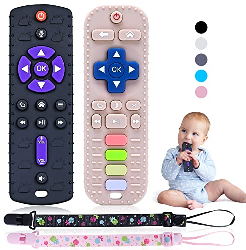 Orzbow 2 Pack Baby Spielzeug 6 Monate, Silikon Fernbedienung Beißringe mit Drückbare Schaltflächen, Zahnungshilfe Baby für 0-3-12 Monate, Lebensmittelqualität Badespielzeug, Schwarz & Hellrosa