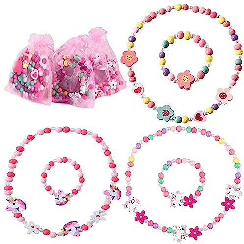 6 stycken enhörningsarmband flicka, trä barn smycken set, halsband och armband för flickor, kedja, barnsmycken, present