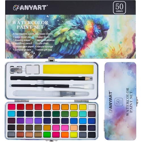 Anyart Aquarellfarben Set 50 Farben in Tragbarer Box Inklusive 4 Fluoreszierende, Wasserfarben für Reisen, Watercolor Set Mit Pinsel und Aquarellpapier für Künstler und Malerei-Liebhaber