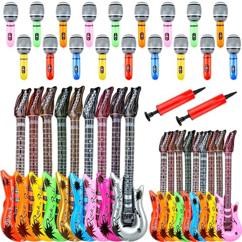 38 Pack Inflatable Rock Star Toy Set includes 18 Pcs Inflatable Guitar and 18 Pcs Blow up Microphone Bulk and 2 Pcs Air Pump for Musical Concert Themed Party