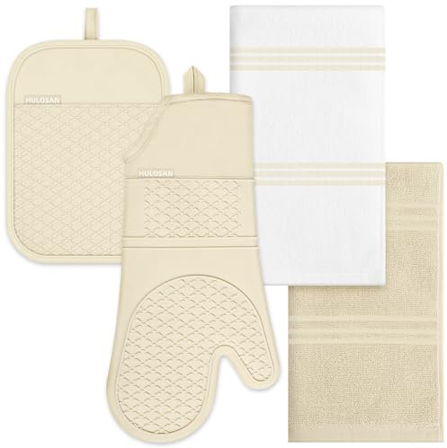 Oven Mitt and Pot Holders Sets, Quilted Cotton Terry Cloth,Non-Slip Pot Holder, Silicone Oven Mitt Heat Resistant, Oven Mittens 7.3x14.2, Hot Pad 7x10 & Dish Cloths 13x25