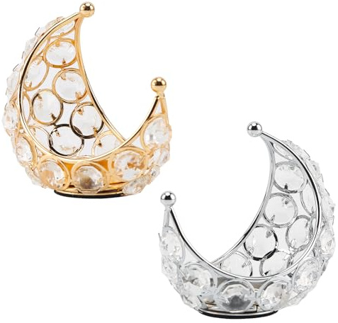 DaMohony Portavelas de cristal con forma de luna, 2 piezas de candelabros adornados con cristal, soportes de metal para fiesta, hogar, centro de mesa