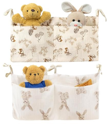 Kaslaider 2 Stück Babybett Organizer Hängend, Crib Pocket Organiser mit Baumwollstoff, 2 Fächern, multifunktionaler Raumausstatter für Wickeltaschen, Krippe, Beistellbett, Spielzeug