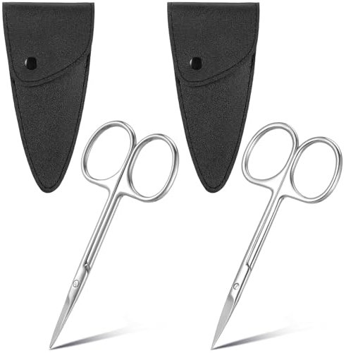 Yuanchu 2 Stück Kleine Augenbrauenschere mit PU-Scheide, Hautschere Edelstahl Nagelschere Professionelle Pflegeschere Schnurrbartschere mit gebogener gerader Spitze Nasenhaarschere für Männer Frauen