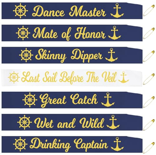 7 Pcs Nautical Bachelorette Party Sashes, White Gold Last Sail Before The Veil Bride to be Sash and Navy Blue Bride Tribe Sashes for Anchor Cruise Sailor Nauti Bridal Shower Party Decor Gifts Jokes