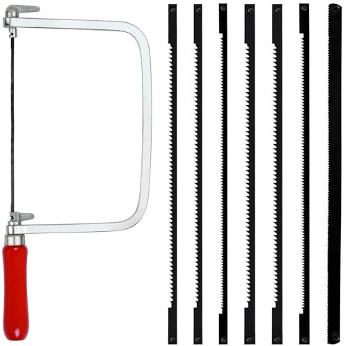 Arco per sega da traforo Seghetto da Traforo manuale con 7 Lame (14/18/24 Denti) e Arco per Metallo e Legno Girevole a 360 Gradi Impugnatura in Legno Lame Organizzate Tagli di Precisione Seghetto