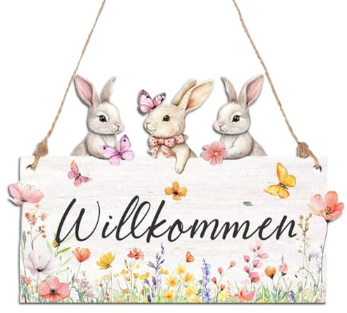 Türschild Herzlich Willkommen Schild aus Holz Osterdeko Frühlingsdeko, Beidseitig Bedrucktes Türschild Willkommen & Hallo Frühling – Frühlingsdeko Ostern Deko für Haustür, Vintage Zuhause, Garten