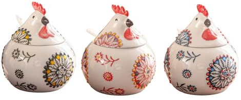 Cute Simple Chick Seasoning Jar Household Ceramic with Lid and Spoon Underglaze Hand-Painted Salt Pepper Bowl Sugar Kitchen Spice Container (Mixed 3-piece set)