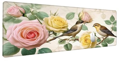 Blume Mauspad Groß Mousepad XXL 1500x800mm Vogel Mauspad Gaming Zubehör Gadgets, Desk Mat Schreibtisch Deko Schreibtischunterlage, Spezielle Oberfläche Wasserdicht Maus Pad Rutschfeste Gummibasis T-4