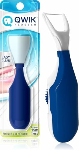 QWIK Dental Flosser | Click-to-Use, Reusable & Refillable | Pre-Loaded Floss with Travel Cover | Easy Flossing for Plaque Removal, Clean Teeth & Fresh Breath (Dark Blue)