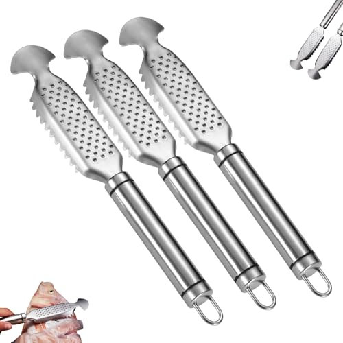 Escalador de pescado de acero inoxidable 2 en 1 + rallador de jengibre, herramienta profesional de raspado de escamas de pescado con mango para colgar, fácil descalcificación, rallado y limpieza de