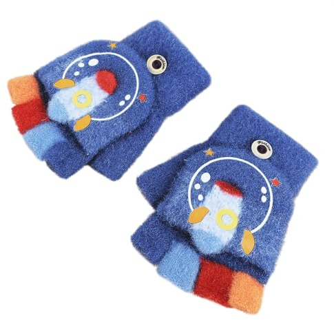 JIAHG Gants demi-doigts pour enfants - Mitaines sans doigts pour filles - Hiver - Dessin animé - Gants thermiques tricotés avec rabats, taille unique