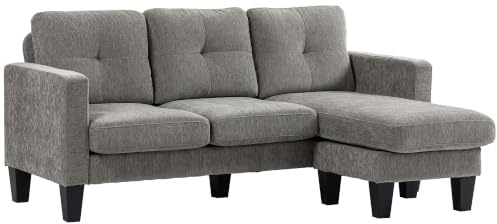 HOMCOM Ecksofa mit Umkehrbarer Chaiselongue Chenille-Optik Gräulich-Braun | Eck-Couch, Sofa in L-Form, Gepolstert, mit Federkern, Stahlrahmen, 186 x 130 x 84 cm