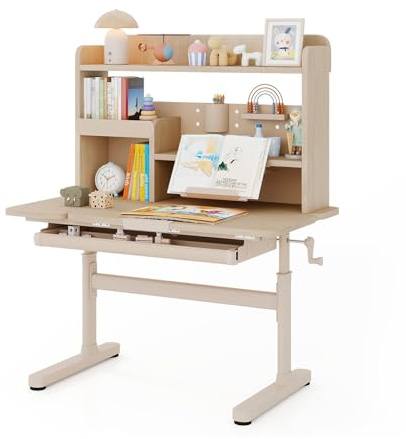 COSTWAY Schreibtisch Kinder, Kinderschreibtisch höhenverstellbar (Natur)
