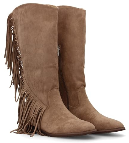 shoes&blues.es Stivale piatto donna con frange e stampa liscia, design moderno. Stile Cowboy. Tacco piatto. Chiusura a zip. Ottono Inverno Ottone., beige, 36 EU