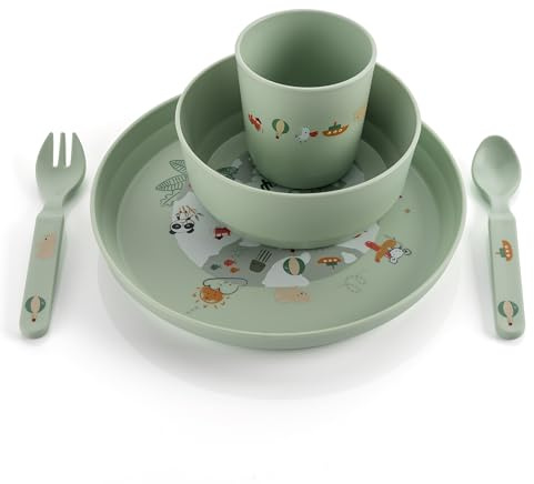 reer Set di stoviglie per bambini | motivo: Little Explorer | stoviglie in plastica per bambini in materiale 100% certificato ISCC | 5 pezzi | senza BPA | lavabile in lavastoviglie