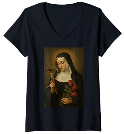 Donna Icona cattolica Romana di St. Rita di Cascia Maglietta con Collo a V
