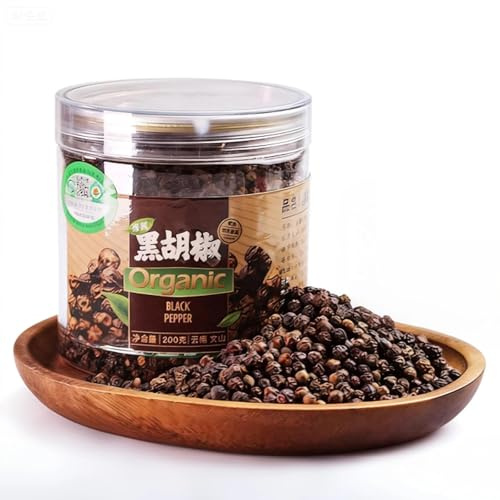 Poivre Noir Entier Bio 200g, Assaisonnement Naturel de Qualité Supérieure, Fraîchement Emballé pour Recharge de Moulin, Refermable, Sans OGM, Sans Gluten