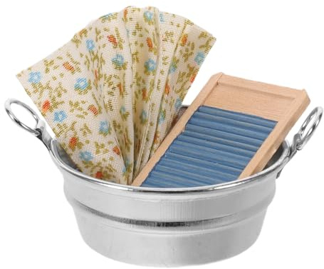 HONITANO 3 pezzi Mini asse da bucato e tinozza per casa delle bambole in scala 1:12 - Accessori retrò per lavanderia e asse da bucato per casa delle bambole fai da te, forniture per il bagno, giochi