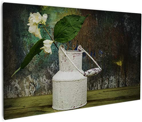 Wallario Leinwandbild Jasmin Blumen in Einer Alten Milchkanne - Wandbild 60 x 90 cm: Kunstdruck | Brillante lichtechte Farben | hochauflösend | verzugsfrei