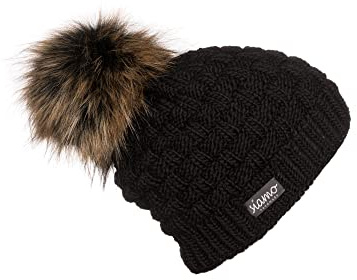 Merino-Mütze ANTHOLZ schwarz Unisex mit veganem Fellbommel Damen-Mütze Herren-Mütze Pudelmütze Haube siamo-handmade