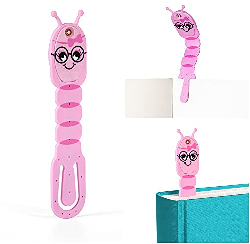 Gifts for Readers & Writers Bookmark Reading Light Bookworm Pink - 2in1 Clip On Bookmark Kids Book Light for Reading Night in Bed, Travel Cute Book Lights, Flexible 8 Lumen LED Lights for Books