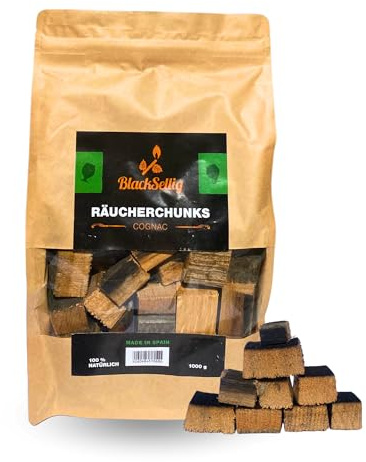 BlackSellig Räucherchunks Cognacfässer – Grillholz für edles BBQ-Aroma aus Fassholz (1kg)