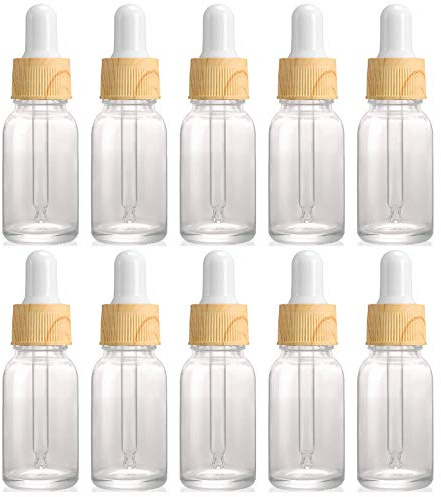 Alledomain 10Pcs 10ml Clear Glass Dropper Bottles with Pipettes, Mini Empty Dropper Bottle Wood Grain Plastic Cap Refillable Sample Container for Essential Oil/Aromatherapy Blends/Chemical Liquid