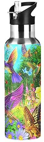 Vnurnrn Mignon Papillon Fleur Oiseau Animal Bouteille d'eau Isotherme avec Paille en Acier Inoxydable Gourde 600ML, Sans Bpa Gourdes Eau pour Enfant Sport Randonnée École Bureau