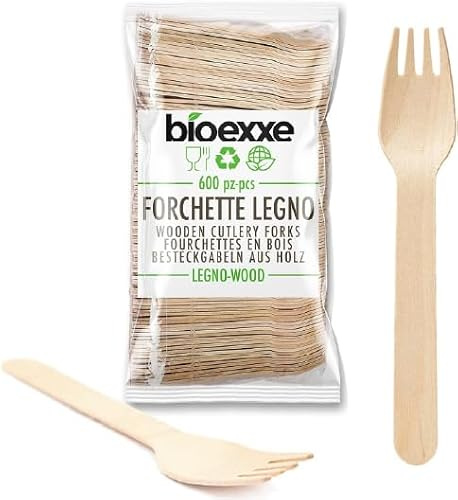 Tenedores desechables de bioexxe® 600 uds | Cubiertos desechables en Madera Biodegradable, Sin plástico, Compostable