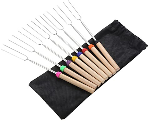 Surieen Grillspieße Grillgabel Spieße, Teleskop BBQ Edelstahl Stockbrot Spieße mit Holzgriff, Marshmallow Spieße, Lagerfeuerspieße, Grillstab, Grillbesteck Set für Lagerfeuer Camping Grill(8 Stück)