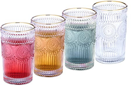 Relaxdays Trinkgläser 4er Set, spülmaschinenfest, 400 ml, Vintage Gläser mit Goldrand, Wasser, Saft & Limo, transparent, 10042273