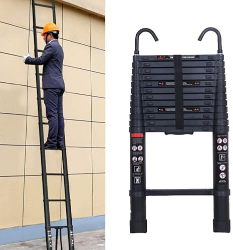 6,2m Aluminium Teleskopleiter with 2 Haken, Rutschfester Schiebeleiter, Ausziehleiter Multifunktionsleiter, Dachbodenleiter 150 kg Belastbarkeit, Schwarz