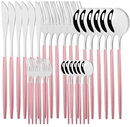 Geschirr Set 18/10 Edelstahl 30 stücke Grün Gold Besteck Set Geschirrmesser Salat Gabel Löffel Besteck Set Spülmaschine Safe essgeschirr (Color : Pink Silver)