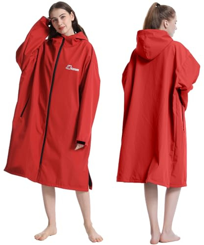 Oksun Oversized Waterproof Swim Parka: Windproof Warm Swimming Coat - Water Resistant Jacket - Thin Fleece Lined Surf Poncho (L-XL, Red)