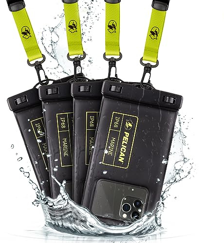 Pelican Marine 4 Pack - Custodia/copertura impermeabile IP68 per telefoni cellulari (dimensioni normali) - Custodia impermeabile galleggiante per iPhone 14 Pro Max - Cordino staccabile-Nero/Giallo