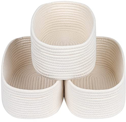 CubesLand Off White Small Storage Baskets for Shelves, Closet Organization Storage Bins Empty Gift Basket Baby Nursery Woven Baskets for Organizing, Rectangular Clothes Closet Shelves Baskets 3 Packs