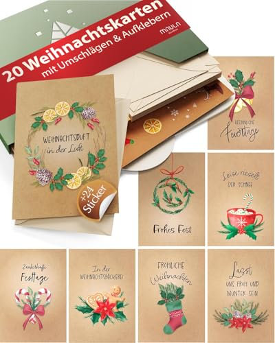 Weihnachtskarten mit Umschlag Set – 20 Klappkarten Weihnachten A6 – Weihnachtskarten Set mit Umschlag – Weihnachtskarte Grußkarten Klein – Weihnachtsgrußkarten Postkarten – Karten Kraftpapier