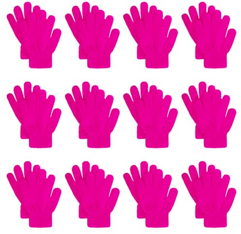 jiebor 12 Pairs Kids Warm Winter Knit Gloves for Boys Girls Children Kids Hot Pink