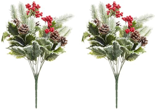 Admired By Nature 10 Tallos de Hojas de Acebo Artificiales, Bayas de arbusto de Navidad, decoración del hogar, arreglo Floral Interior, Juego de 2 Piezas