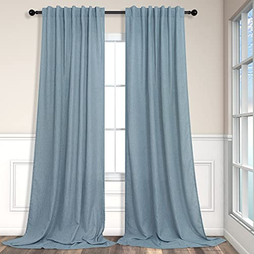 Pitalk Living Room Extra Wide 60 Inch Curtains 2 Panels Back Tab Pocket Light Blue Curtains for Sliding Glass Patio Doors Semi Sheer Linen Gray Grey Blue Curtain Farmhouse Total Width 120x84 Inch Long