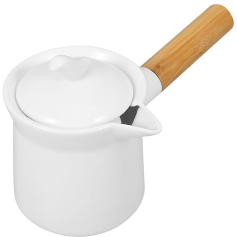 Unomor Mini Ceramic Milk Pot 12 Oz Saucepan with Wooden Handle Porcelain Butter Warmer for Melting Heating Milk Sauces and Coffee Compact Kitchen Cookware for Everyday Use